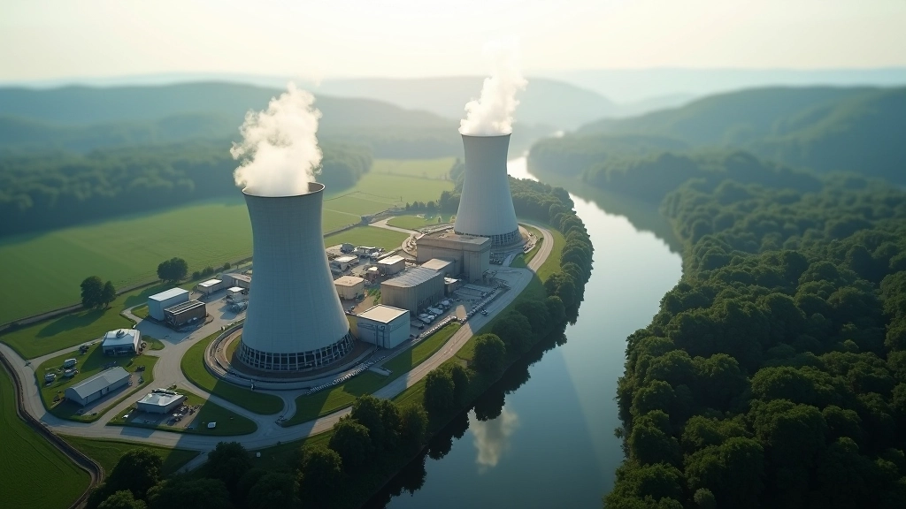 Letecký pohled na elektrárnu Temelín se dvěma chladícími věžemi obklopenými zelenou krajinou