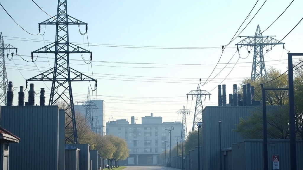 Elektrická vedení a transformátory ve městě s pondělním slunečním osvětlením