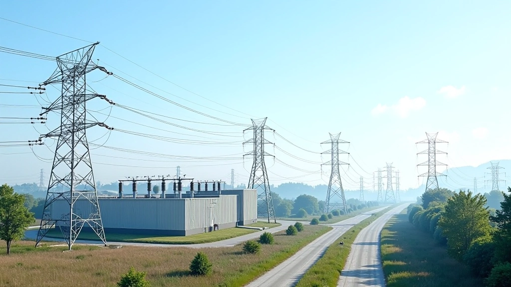 Schéma ukazující tok elektřiny z elektrárny do městské sítě s transformátory a vysokonapěťovými vody