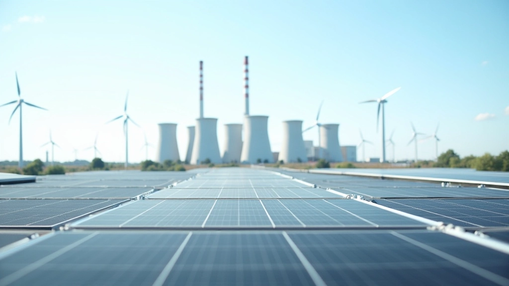 Moderní elektrárna s větrými turbínami a solárními panely