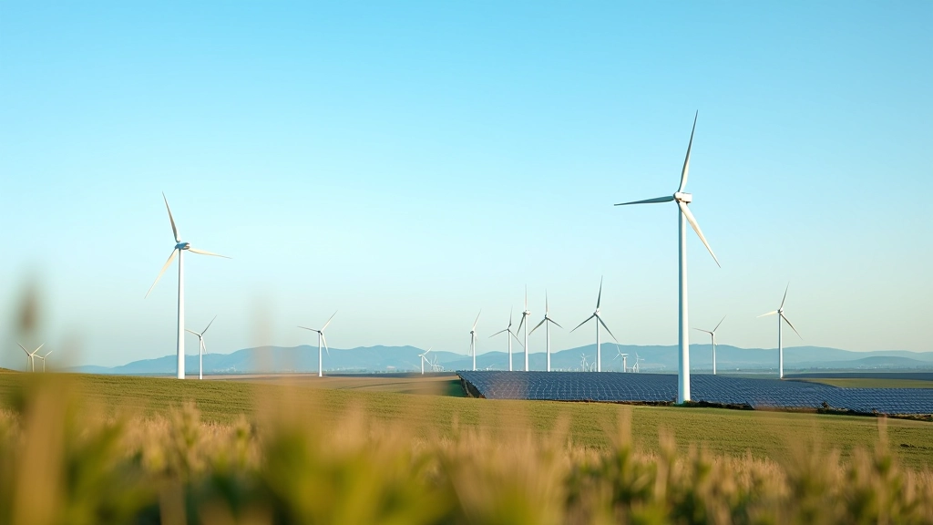 Moderní energetická zařízení s větrnou elektrárnou a solárními panely v krajině