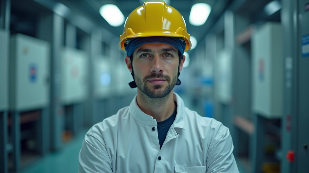 Operátor v ochranném obleku procházející bezpečnostními procedurami v jaderné elektrárně