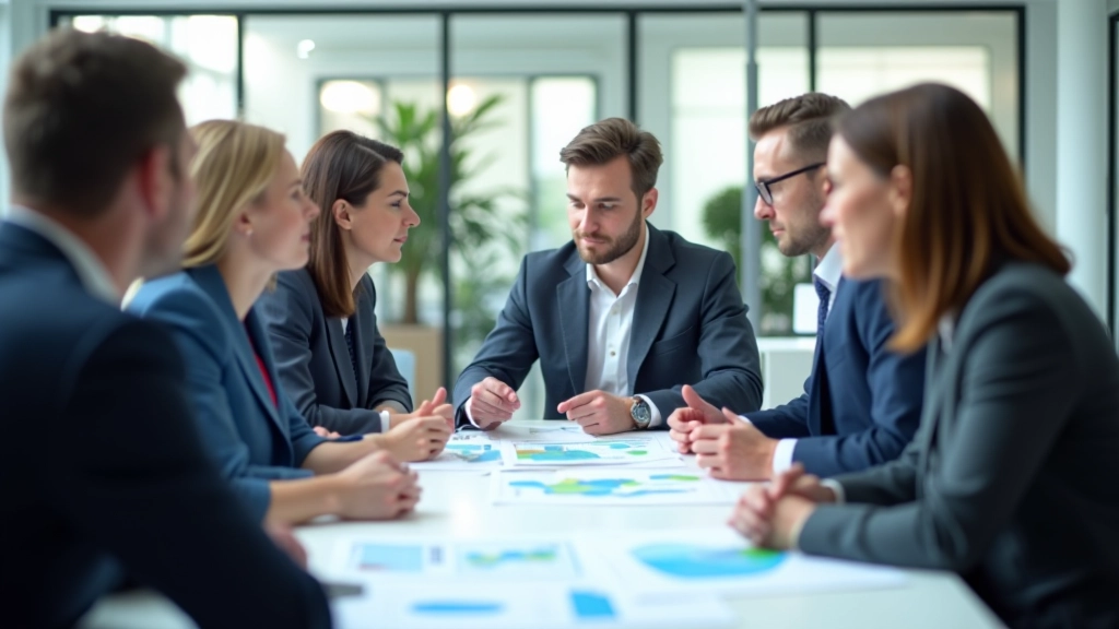 Tým odborníků v moderní kanceláři diskutuje energetickou politiku u velkého stolu s grafy a mapami